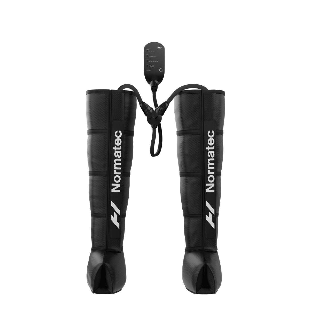 Svarta Normatec 3 Legs recovery boots mot transparent bakgrund